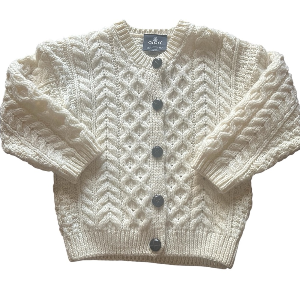 Aran Cream Cable Knit Cardigan, kids unisex, medium.  Would fit 4-6.